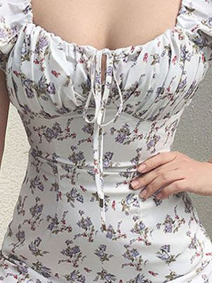 DressBerry Floral Print Tie-Up Neck Puff Sleeve Bodycon Dress