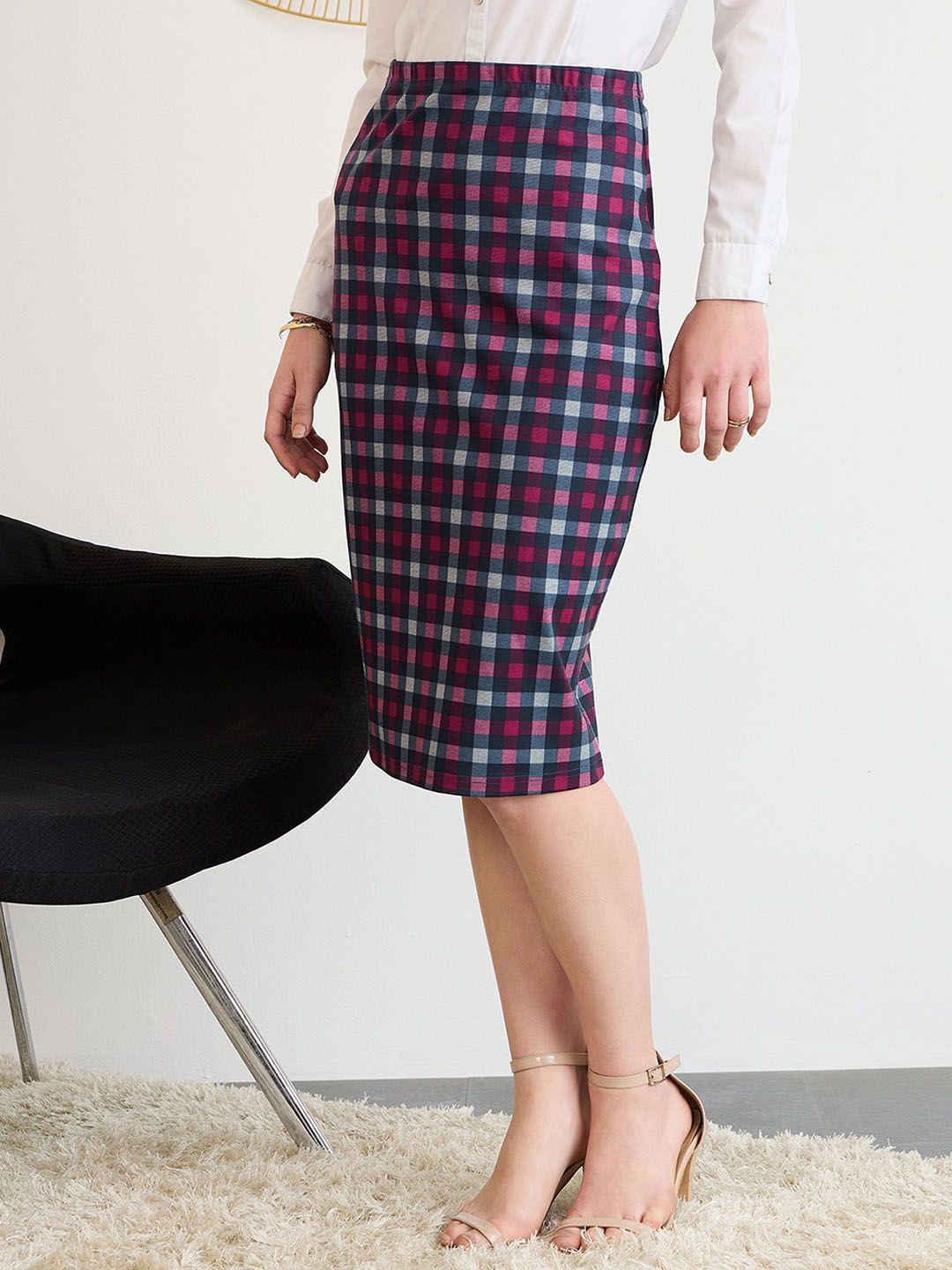 Berrylush Check High Rise Pencil Midi Skirt