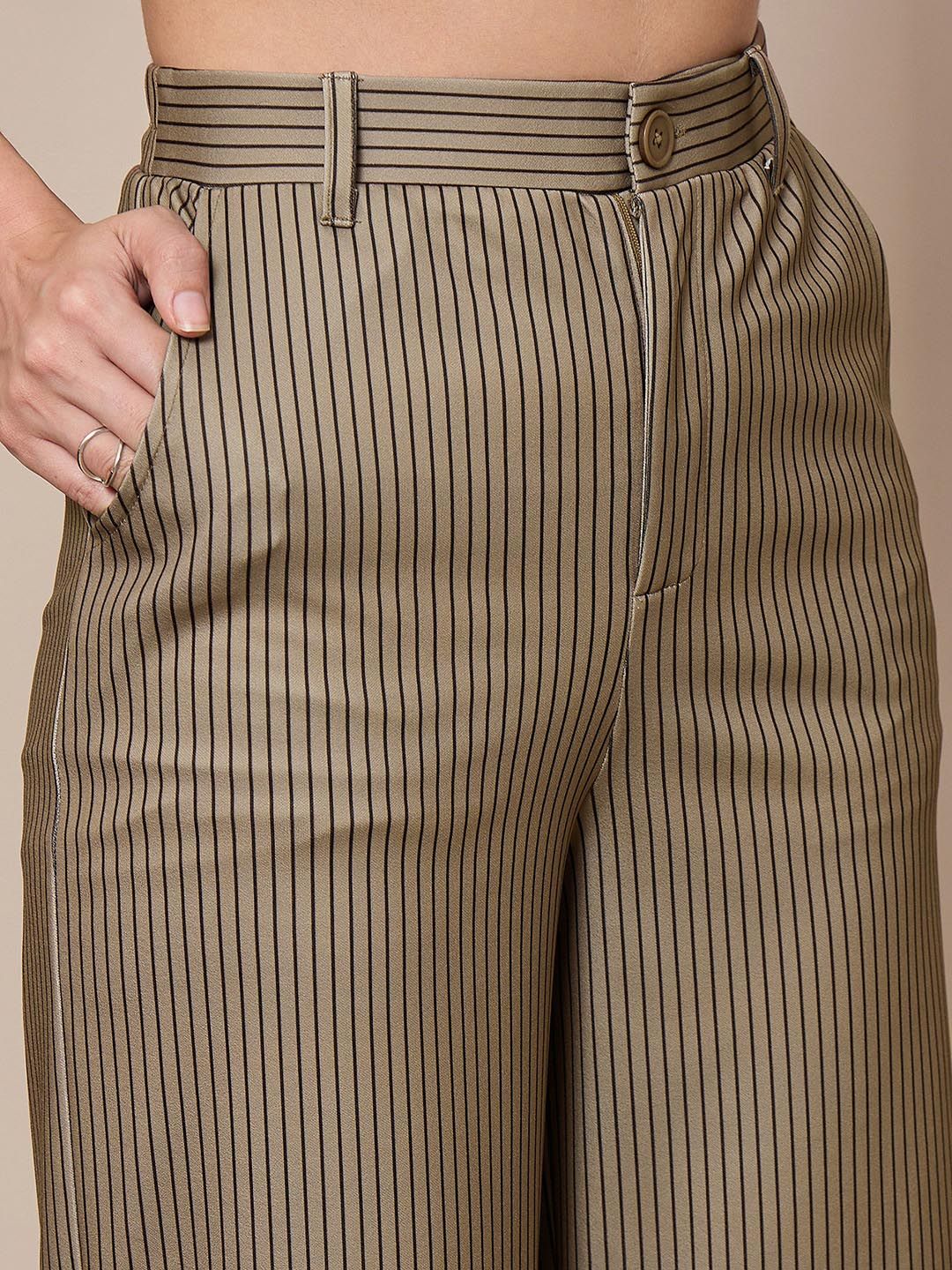 SASSAFRAS worklyf Women Striped Relaxed Straight Leg High-Rise Trousers