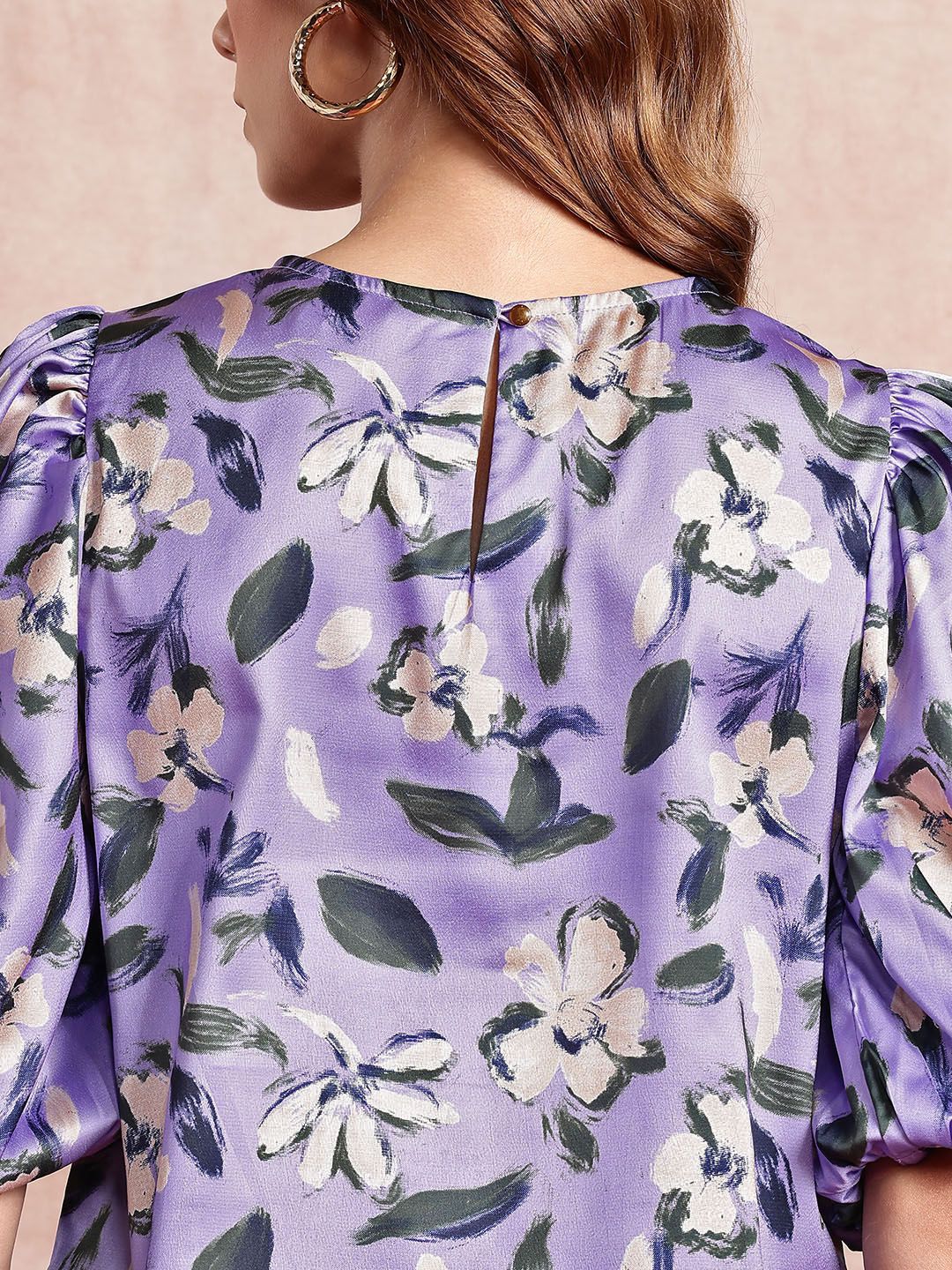 all about you Satin-Finish Floral Print Puff Sleeves Top