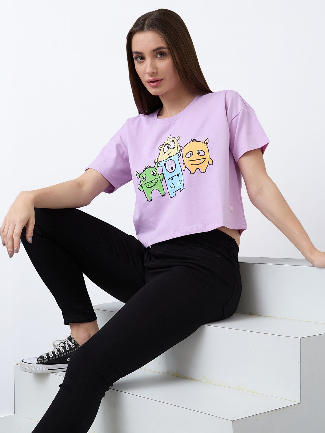 SPYKAR Women Graphic Printed Round Neck Cotton Boxy T-shirt