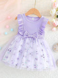 YK Girls Floral Printed Bow Fit And Flare Knee Length Dress