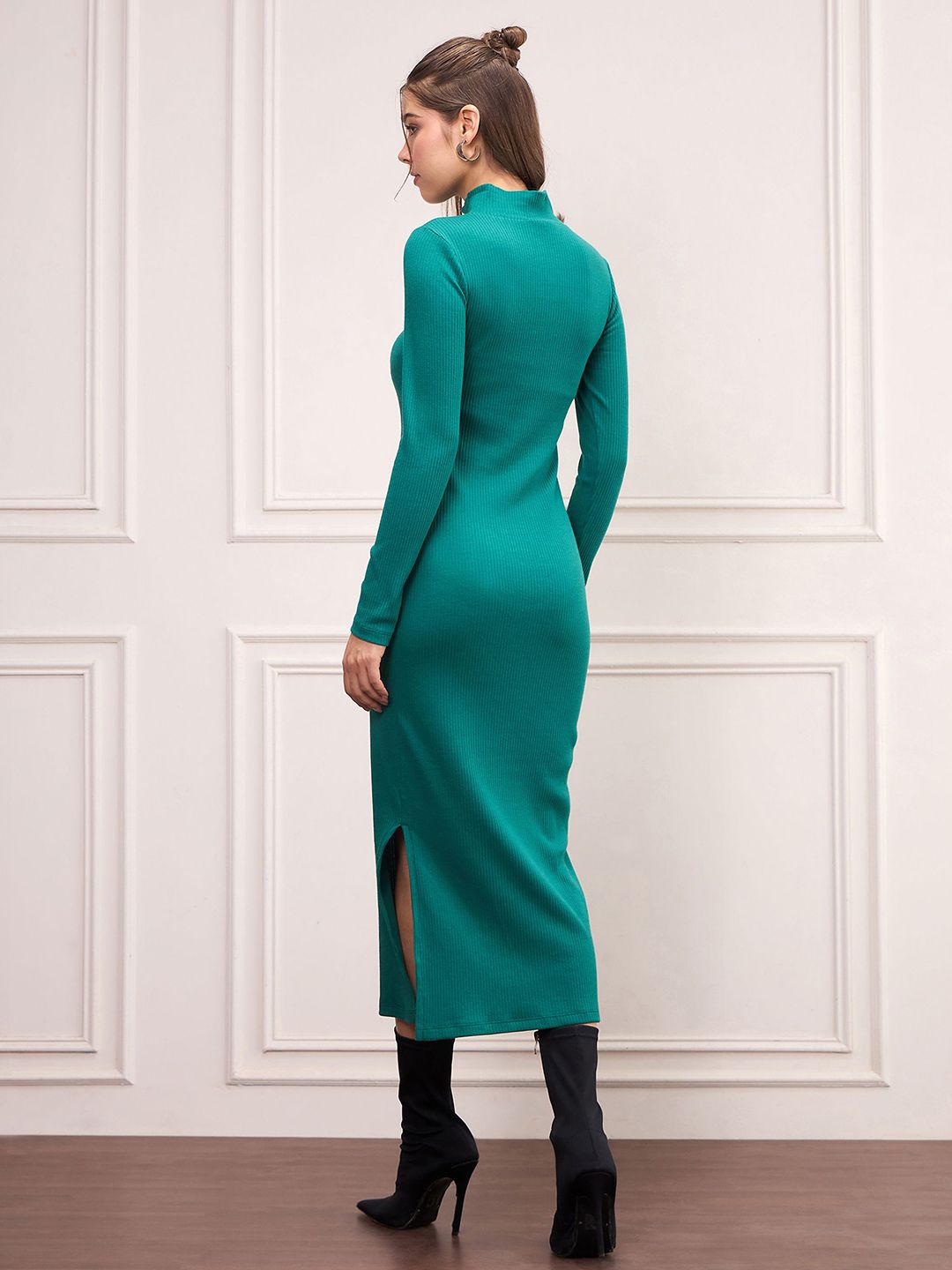 SASSAFRAS High Neck Front Zipper Sheath Midi Dress