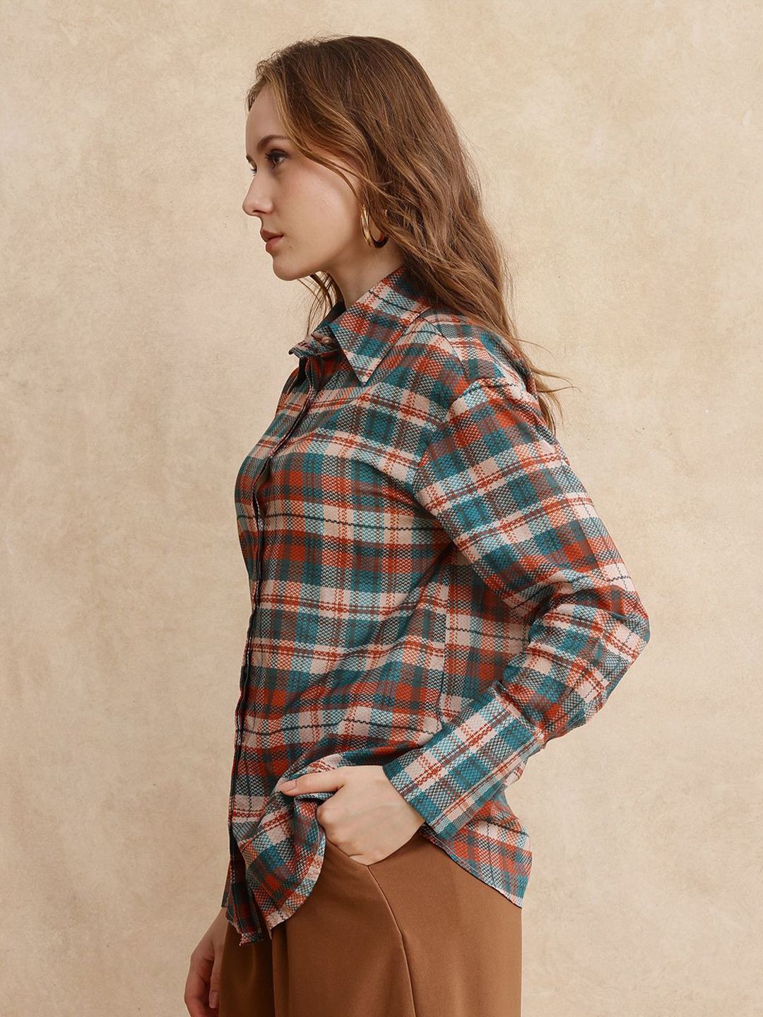 RAREISM Women Comfort Spread Collar Checked Casual Shirt