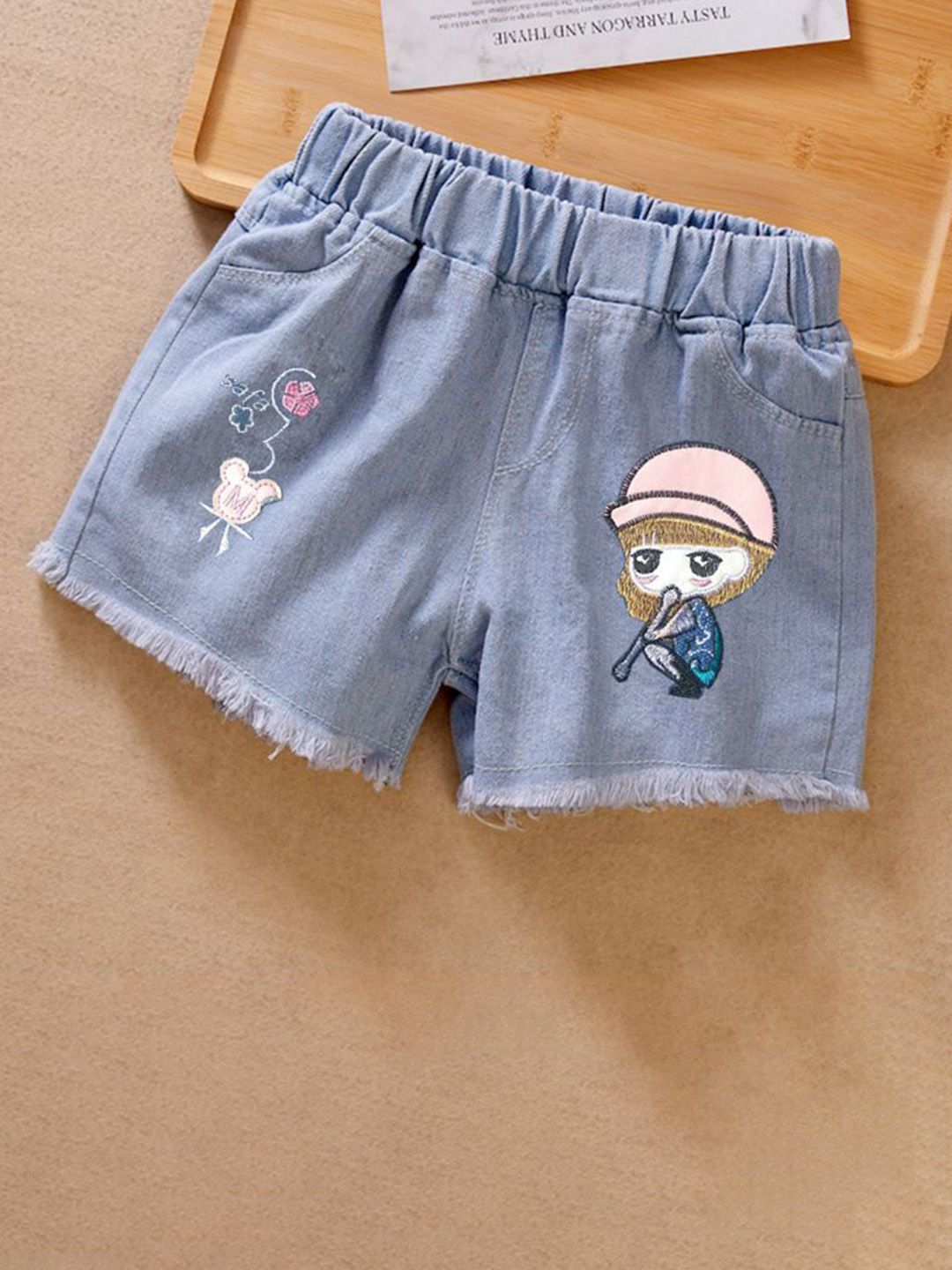 YK Girls Embellished Washed Denim Shorts