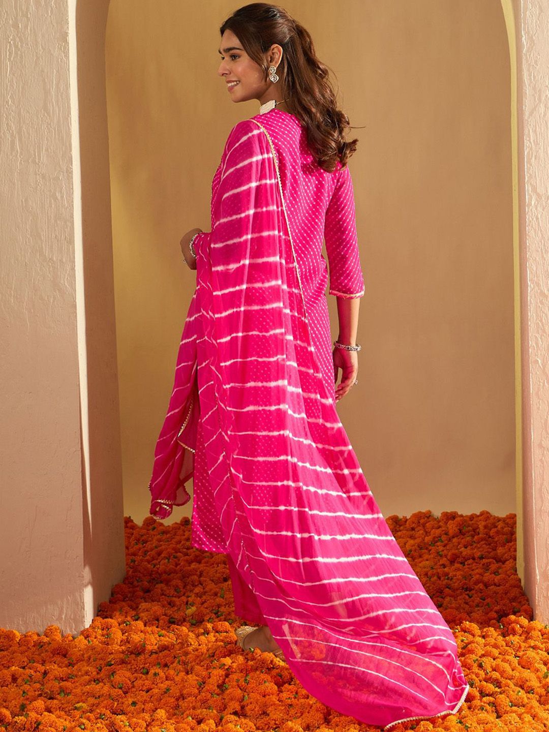 Indo Era Leheriya Printed Sequinned Straight Georgette Kurta with Trousers & Dupatta
