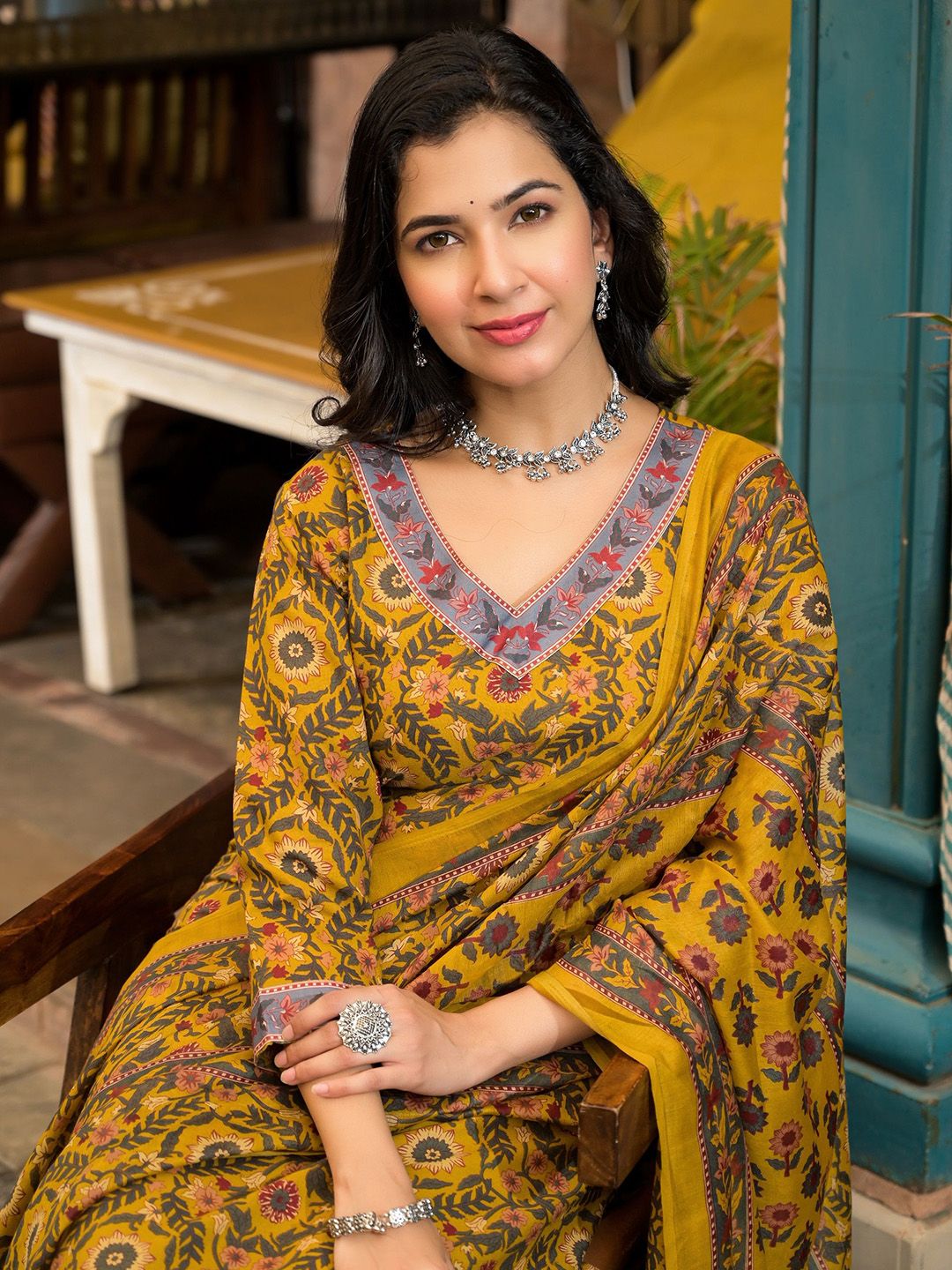 KALINI Floral Printed V Neck Straight Kurta With Salwar & Dupatta