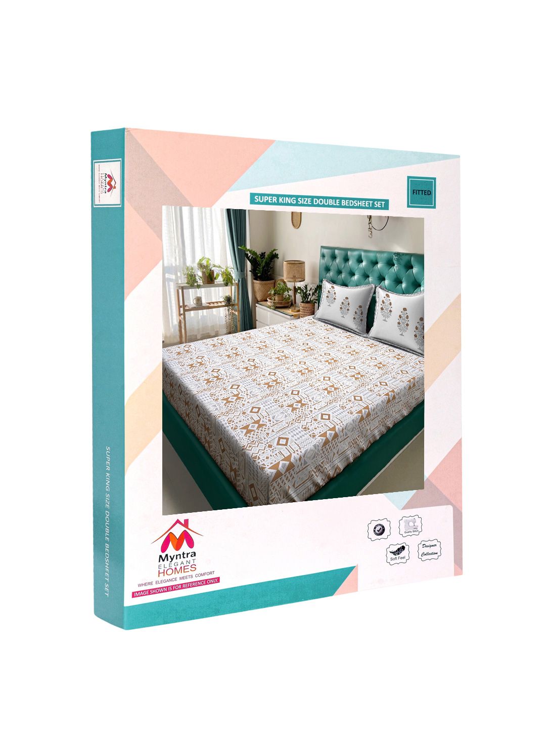 Myntra Elegant Homes White Geometric Fitted 400TC Cotton Super King Bedsheet Set 2.70 m x 2.70 m