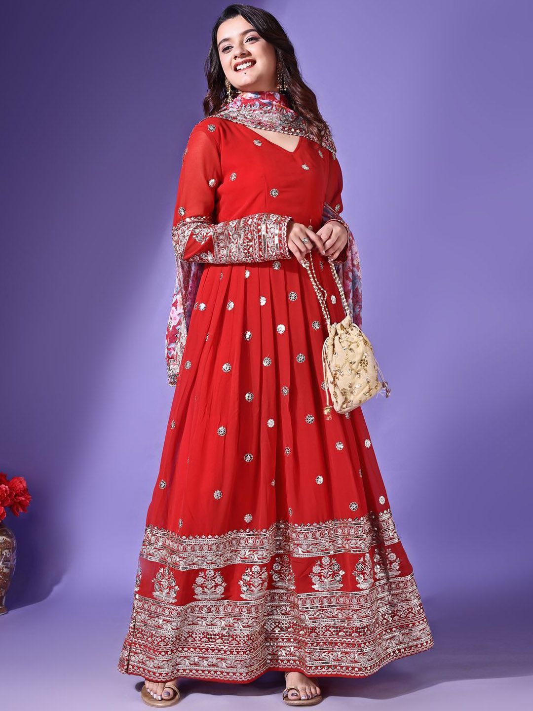 KALINI Floral Embroidered Georgette Maxi Ethnic Dress With Dupatta