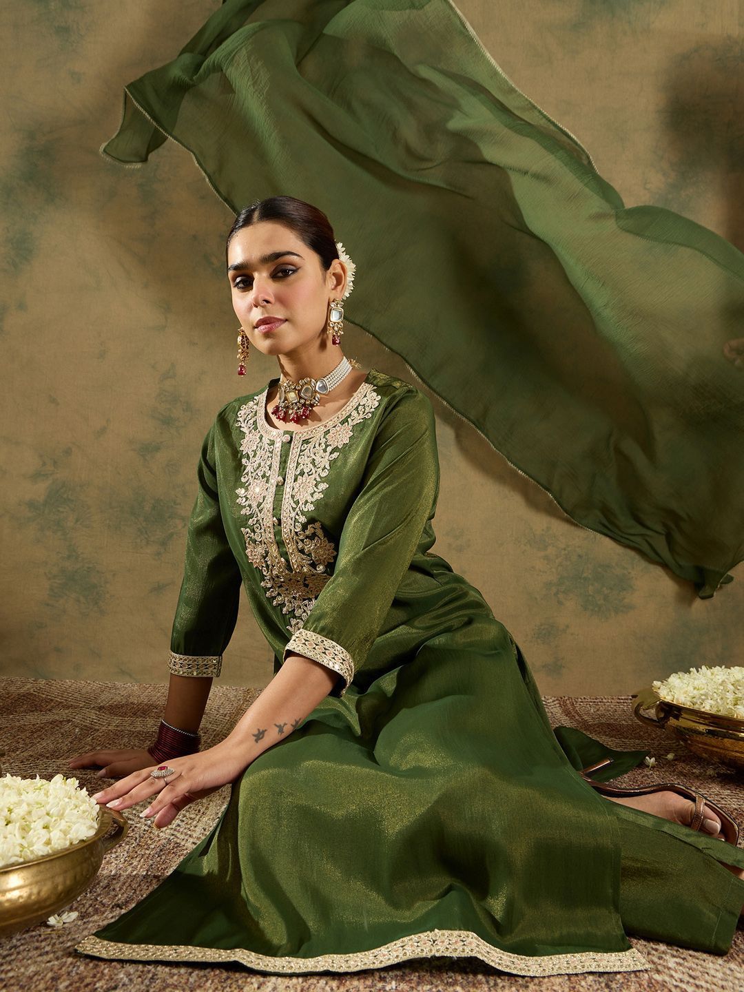 Indo Era Ethnic Motifs Zari Embroidered Kurta with Trouser & Dupatta