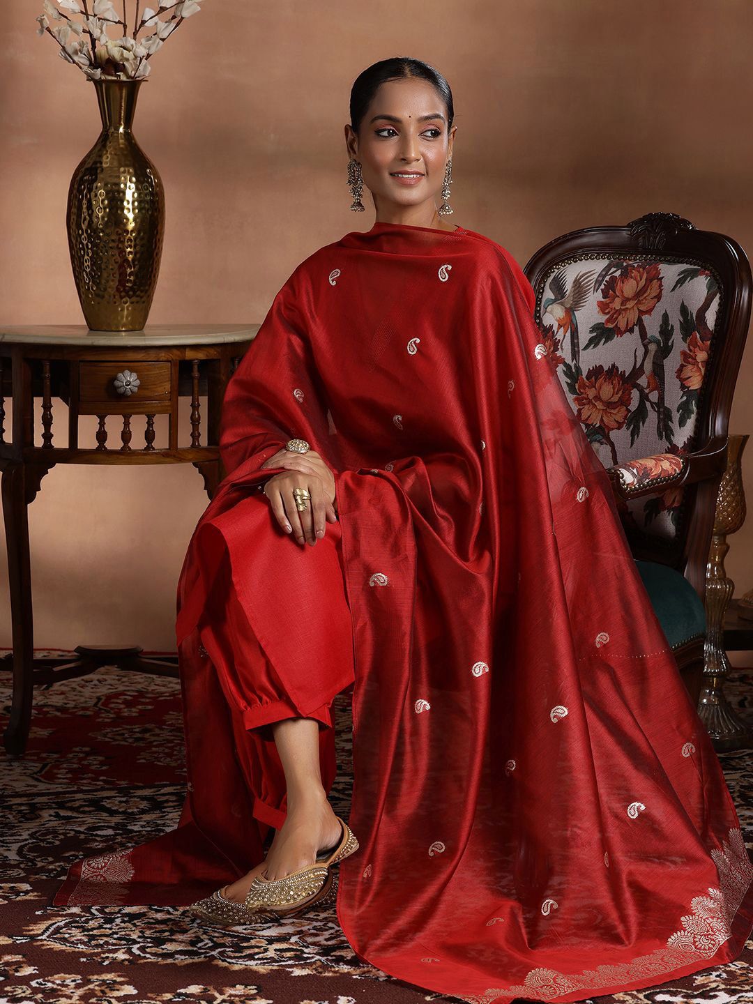 Libas Zari V-Neck Straight Kurta With Salwar & Dupatta