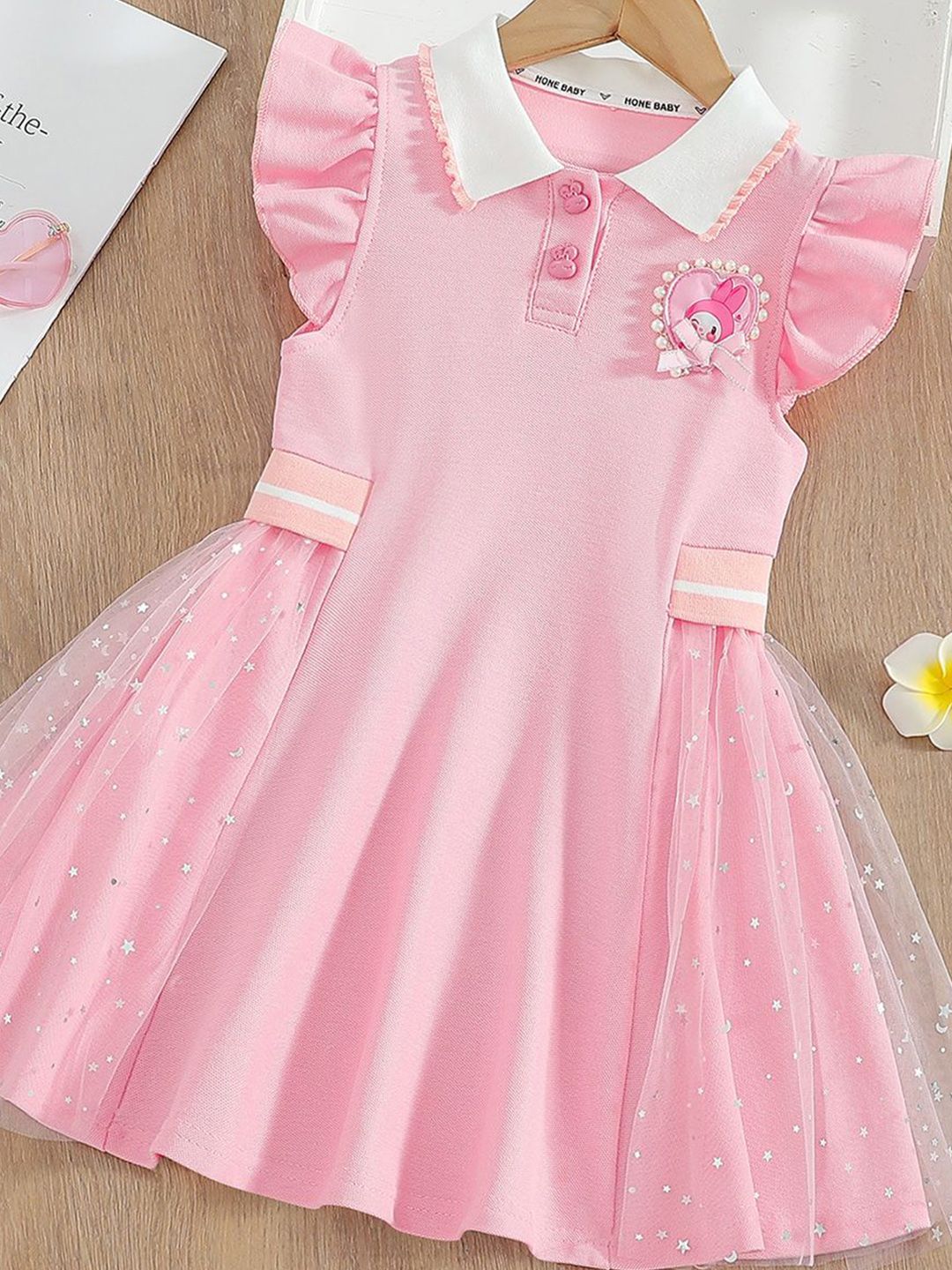 YK Girls Shirt Coller  Embellished Cap Sleeve Fit & Flare Dress