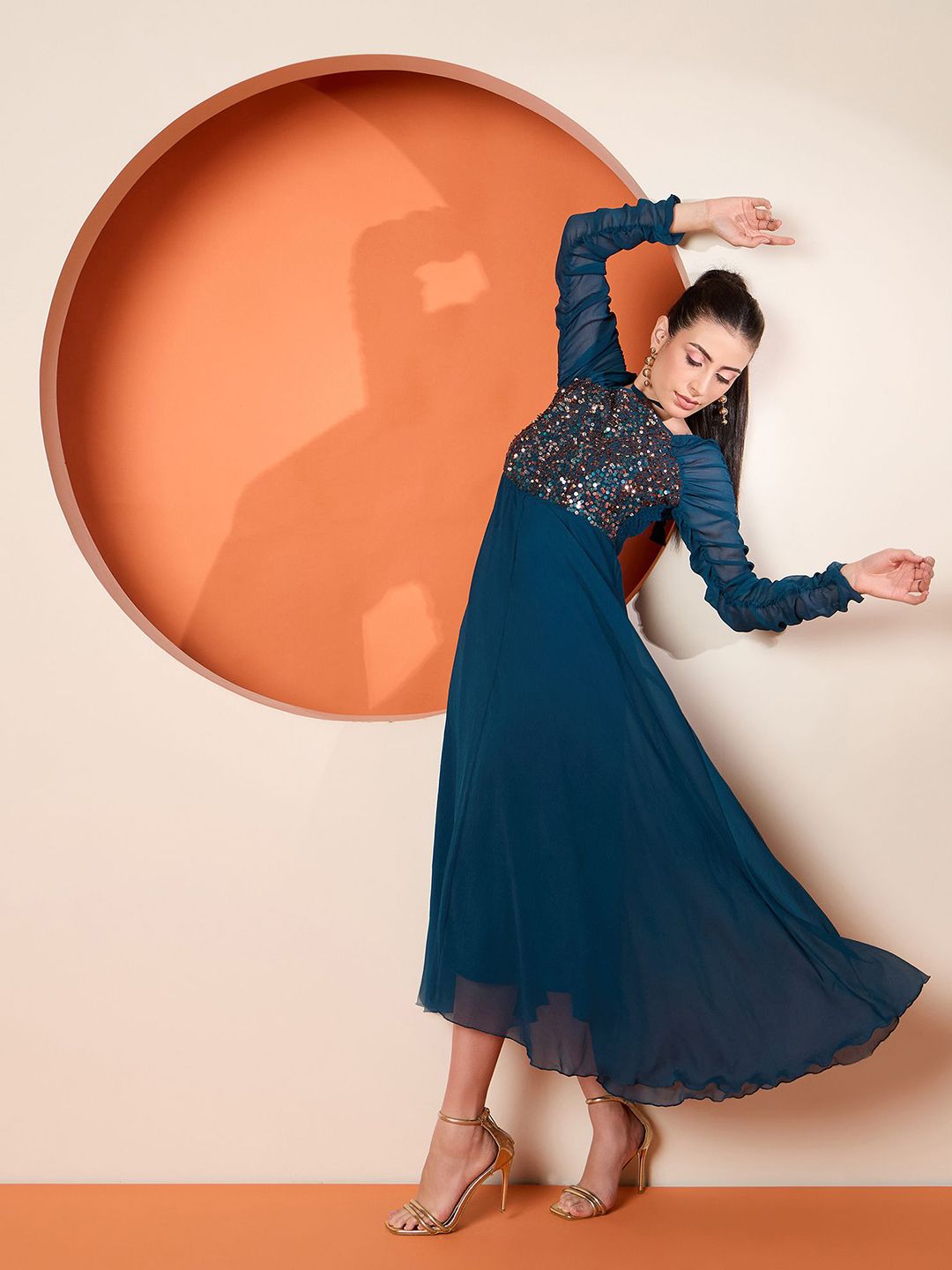 Antheaa Women Halter Neck Sequined Embellished Maxi Dress