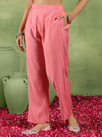 Libas Floral Embroidered Mirror Work Straight Kurta With Trousers & Dupatta