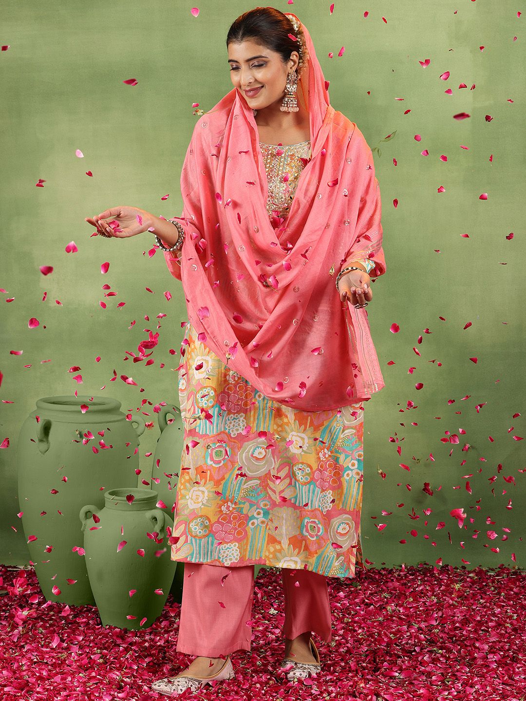 Libas Floral Embroidered Mirror Work Straight Kurta With Trousers & Dupatta