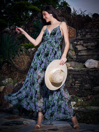 Berrylush Tropical Print Georgette Fit & Flare Maxi Dress