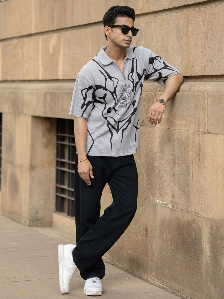 Powerlook Abstract Printed Polo Collar Drop-Shoulder Sleeves T-shirt