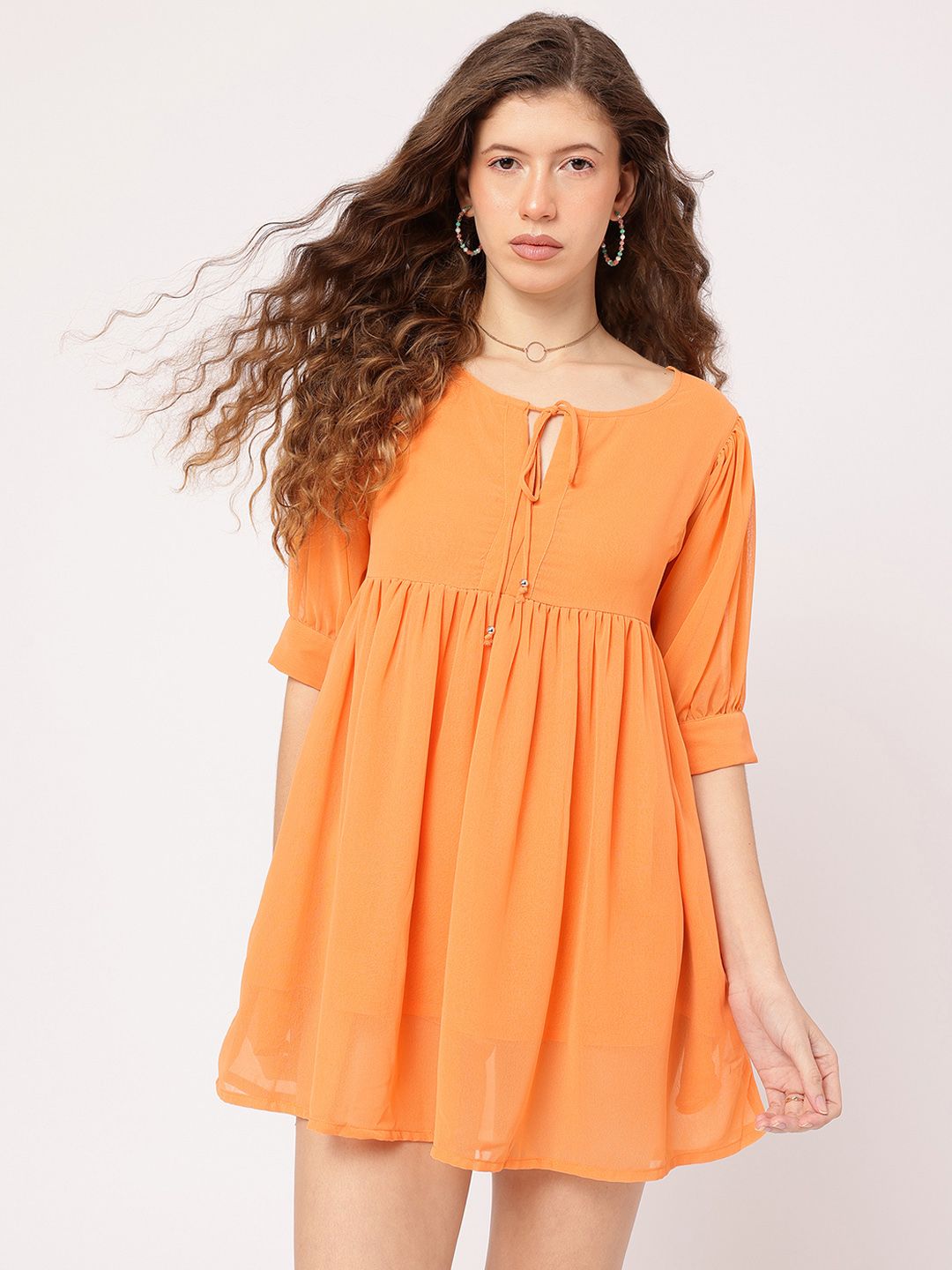 DressBerry Chic & Cheery Tie-Up Neck Puff Sleeves A-Line Mini Dress