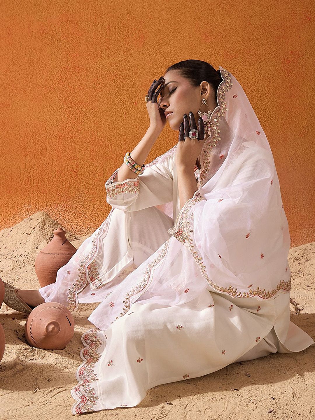 Indo Era White and Pink Ethnic Motifs Embroidered Gotta Patti Kurta with Trouser & Dupatta