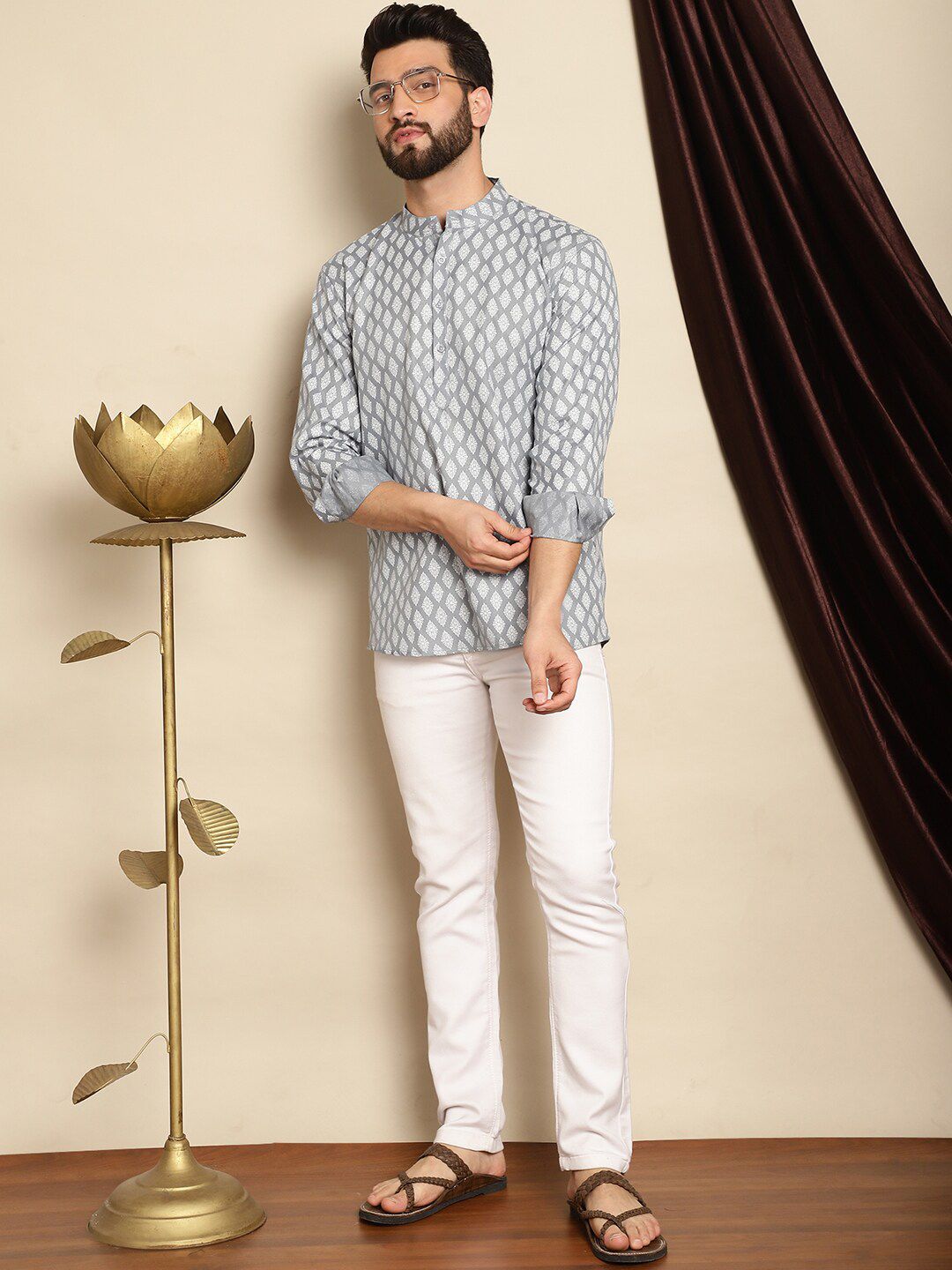 Anouk Lelaki Motif Etnik Bercetak Lengan Berkobar Kurta Pendek