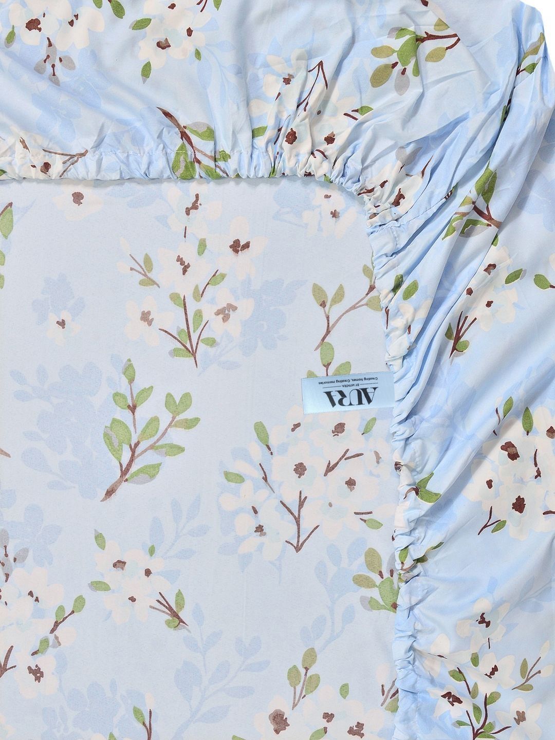 Aura Blue & Green Floral Printed 300 TC Fitted Double King Bedsheet Set-2.5 m X 2.25 m