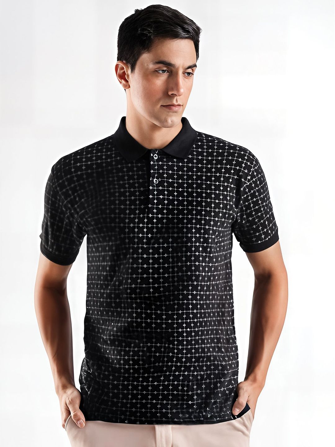 ADRO Geometric Printed Polo Collar Cotton T-shirt