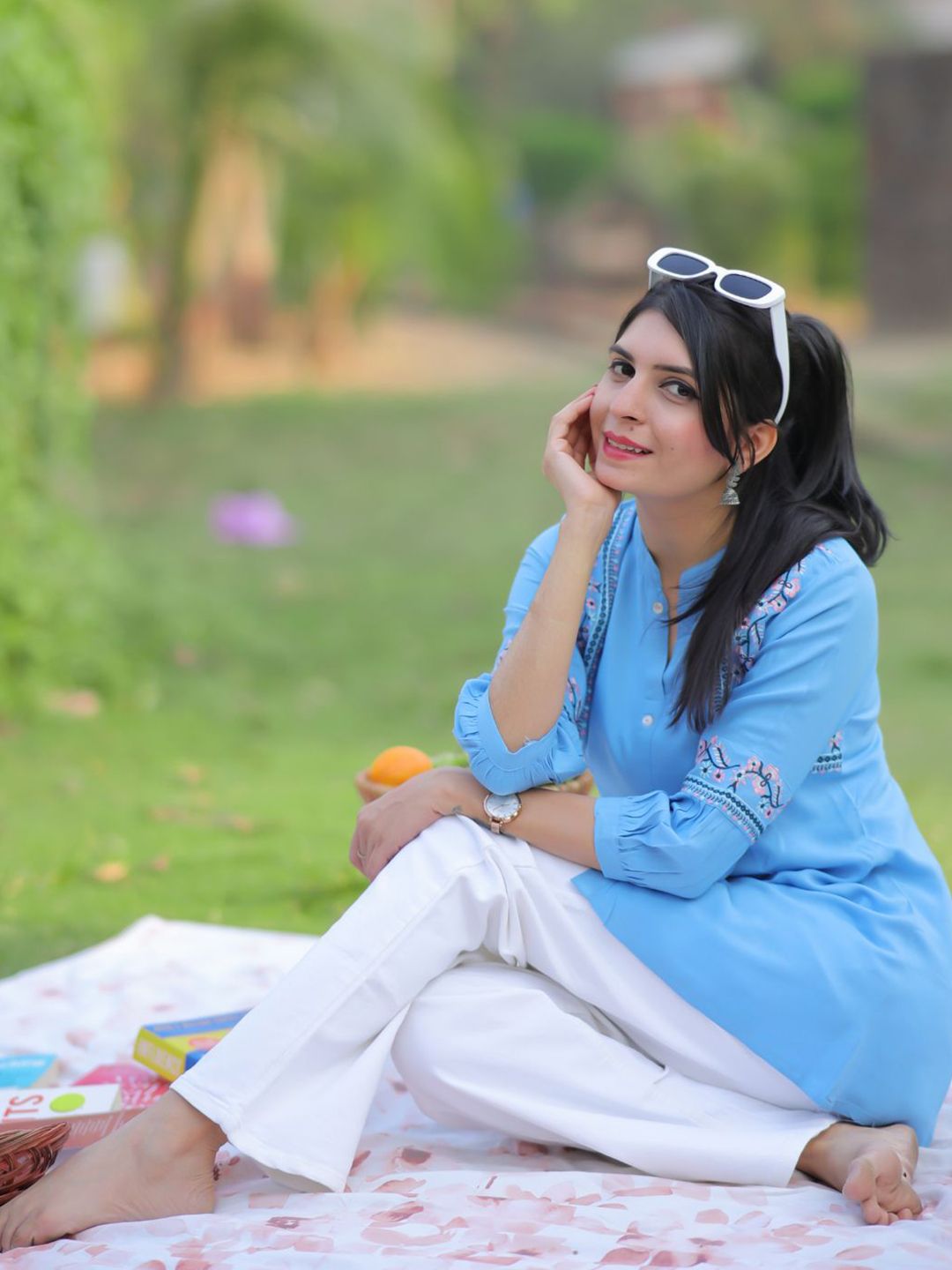 KALINI Women Light Blue Viscose Rayon Embroidered A-line Short Kurti