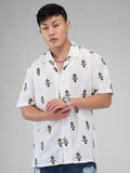 VASTRADO White & Olive Embroidered Cuban Collar Oversized Shirt
