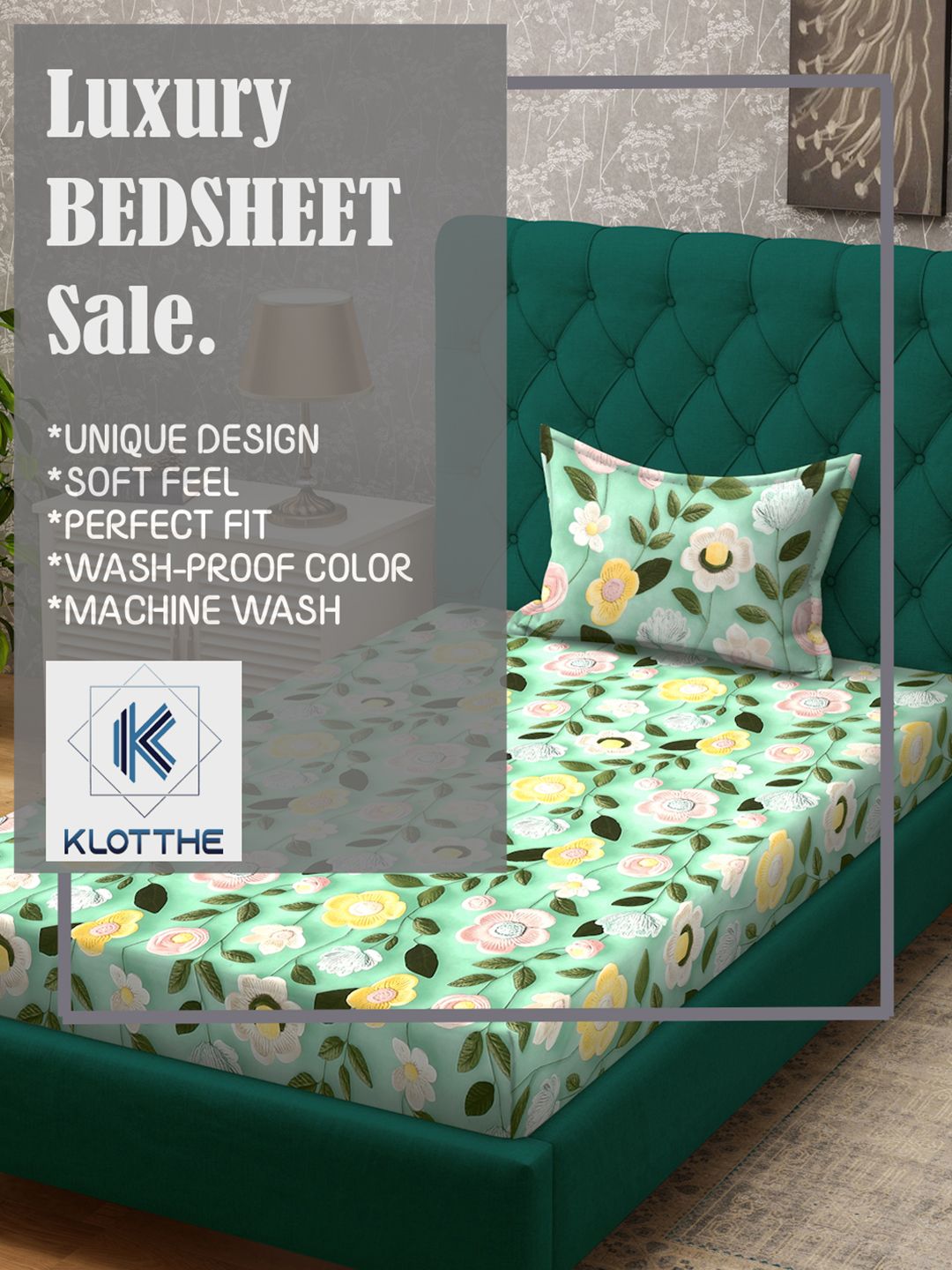 KLOTTHE Green & Pink Floral Printed Flat 300 TC Single Cadar 7D Dengan Sarung Bantal