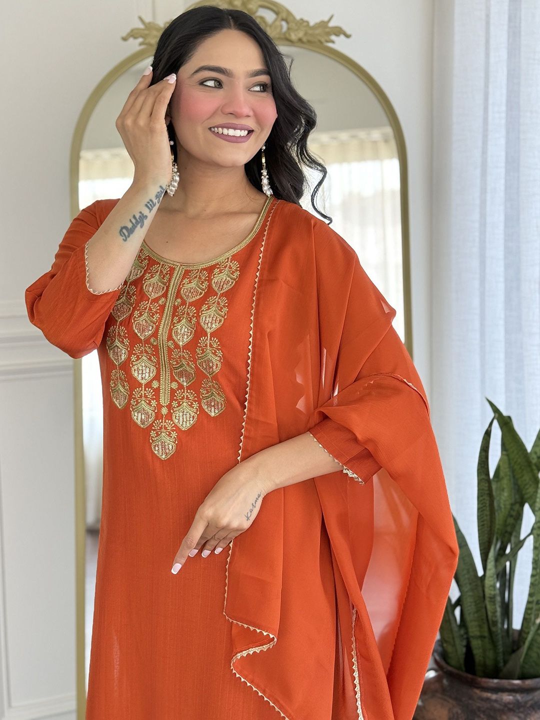 KALINI Women Ethnic Motifs Embroidered Thread Work Pure Silk Kurta with Trousers & Dupatta