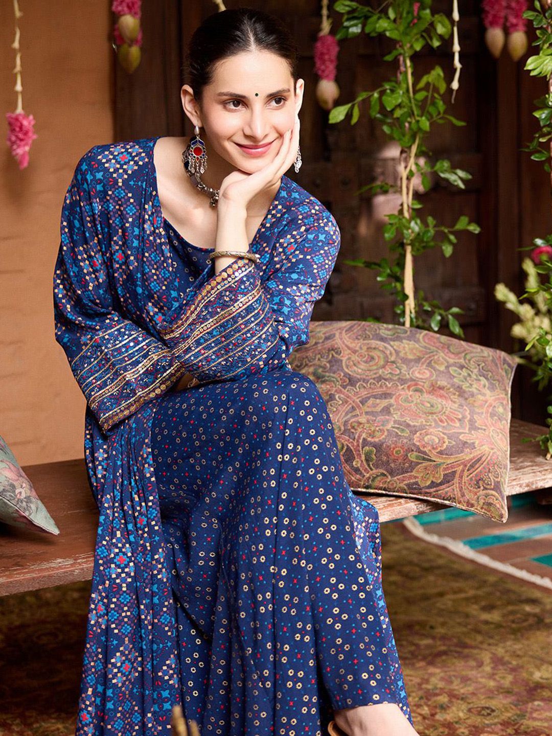 Global Desi Women Floral Printed Square Neck Maxi Ethnic Dresses with Shrug