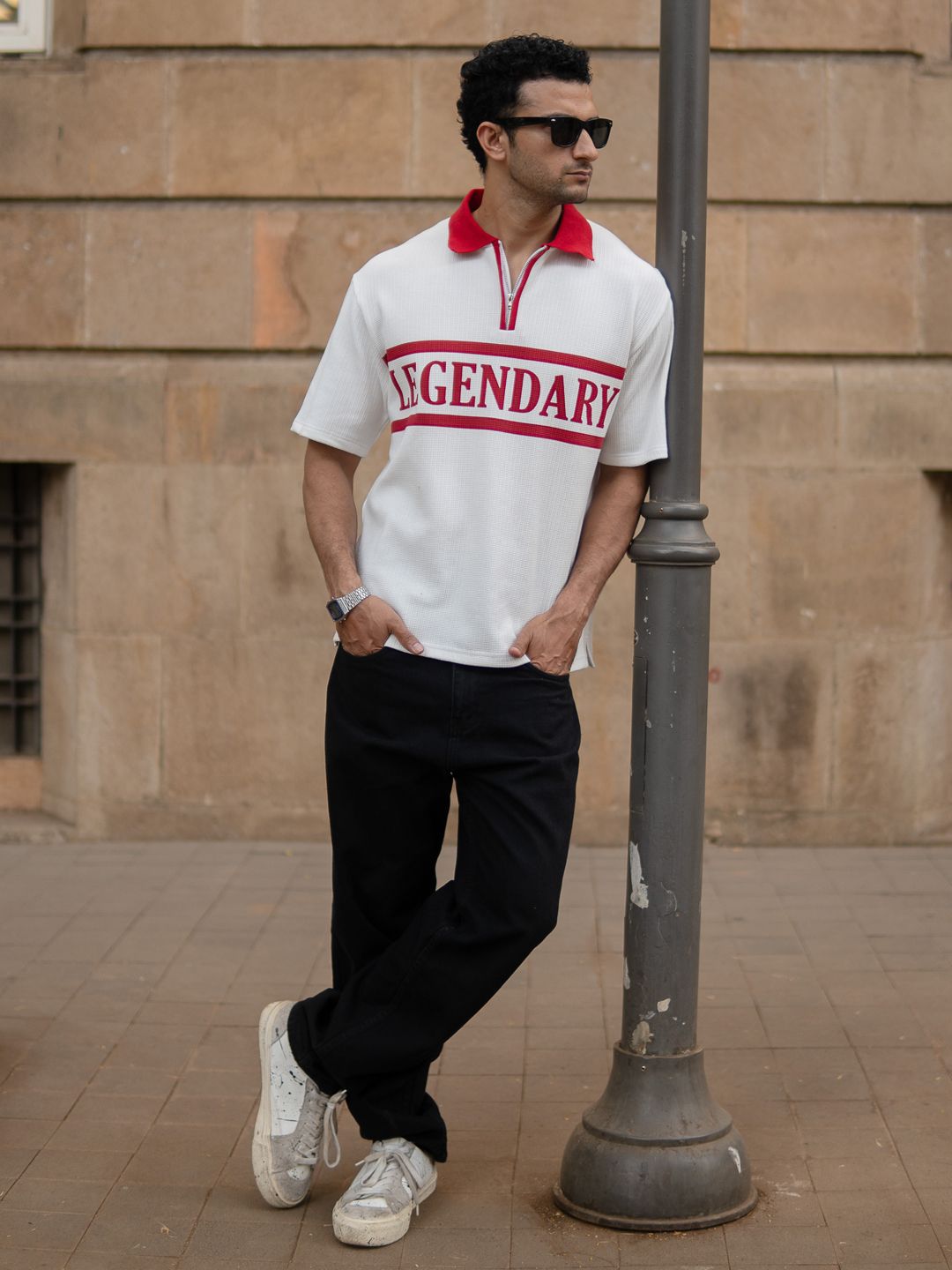 Powerlook Typography Printed Polo Collar Drop-Shoulder Sleeves Oversized T-shirt