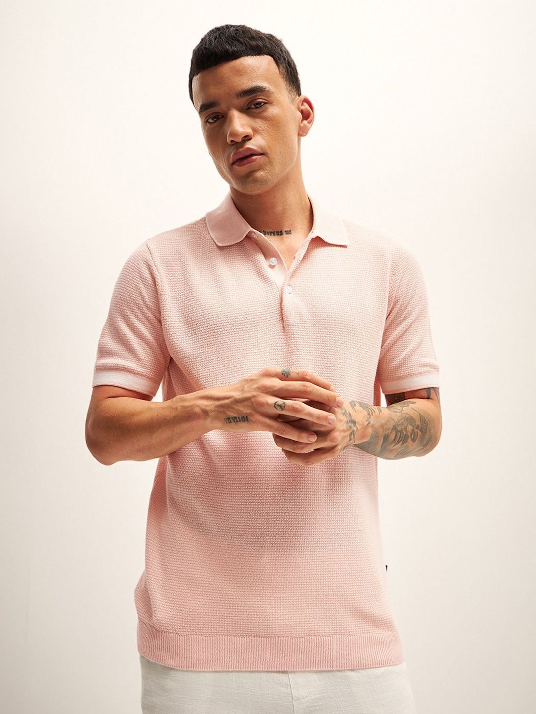 THE BEAR HOUSE Self Design Polo Collar T-Shirt