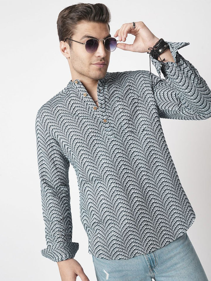 VASTRADO Abstract Woven Design Mandarin Collar Cotton Jacquard A-Line Short Kurta