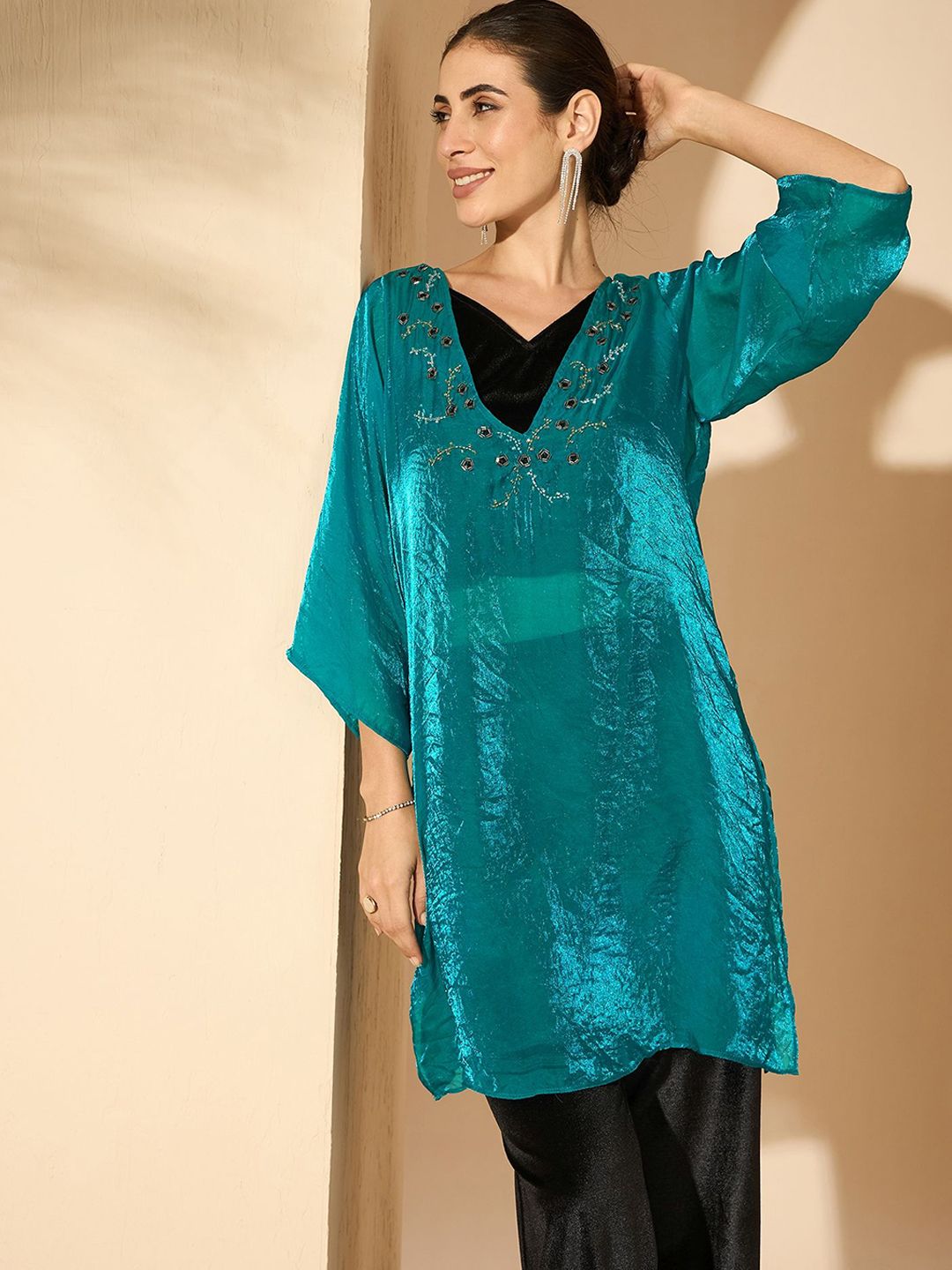 Antheaa Silk Embellished V-Neck Tunic with Trousers