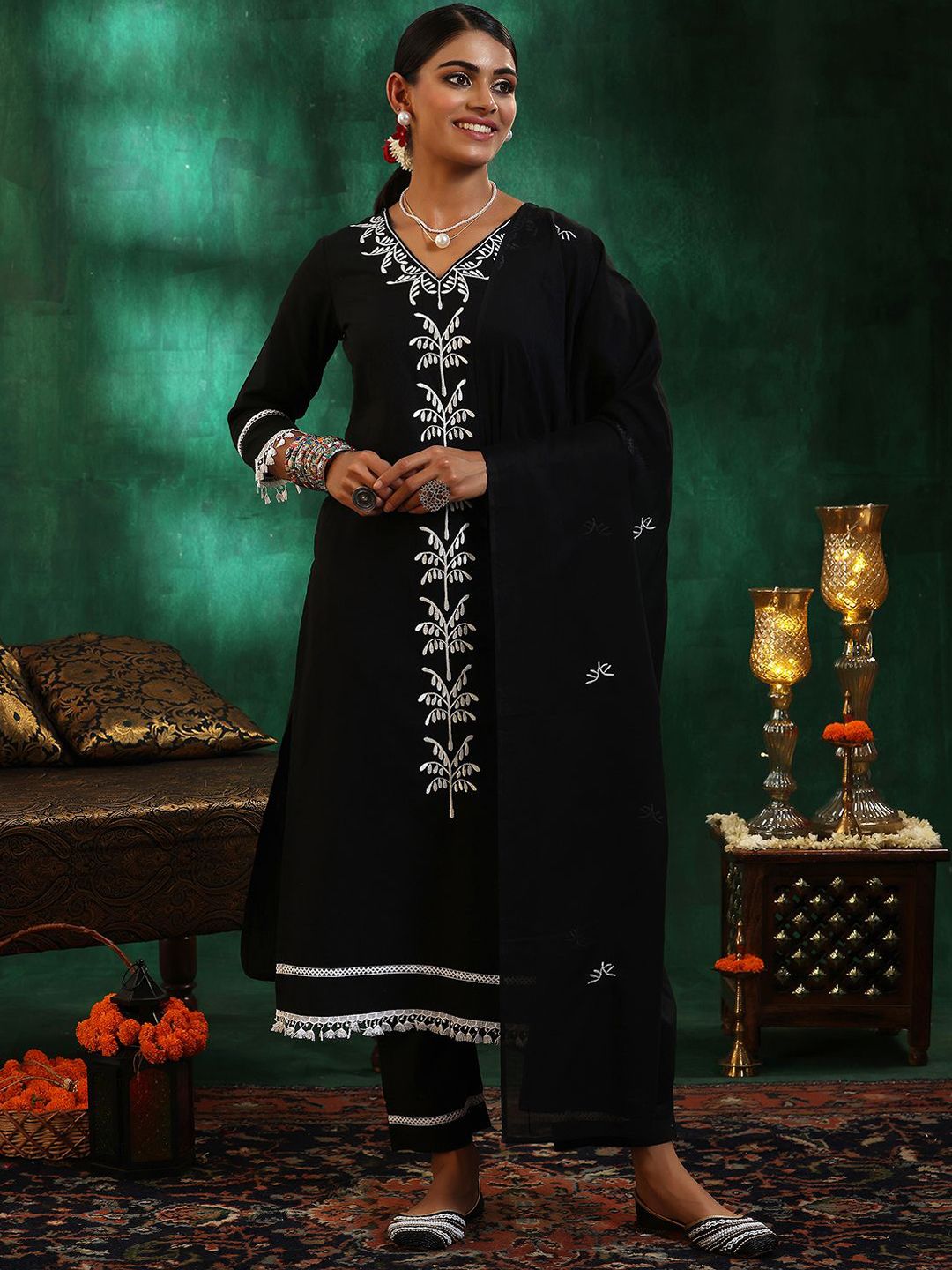 Libas Women Ethnic Motifs Embroidered Regular Thread Work Pure Cotton Kurta with Trousers & With Dupatta