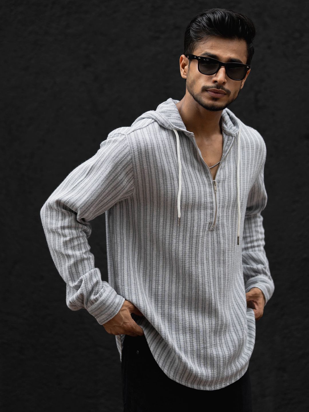 Powerlook Men Hood Vertical Striped Cotton Casual Shirt