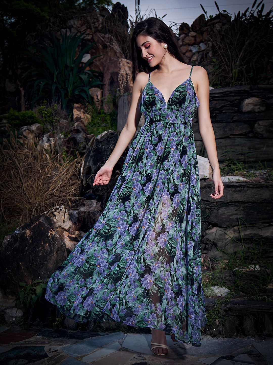 Berrylush Tropical Print Georgette Fit & Flare Maxi Dress