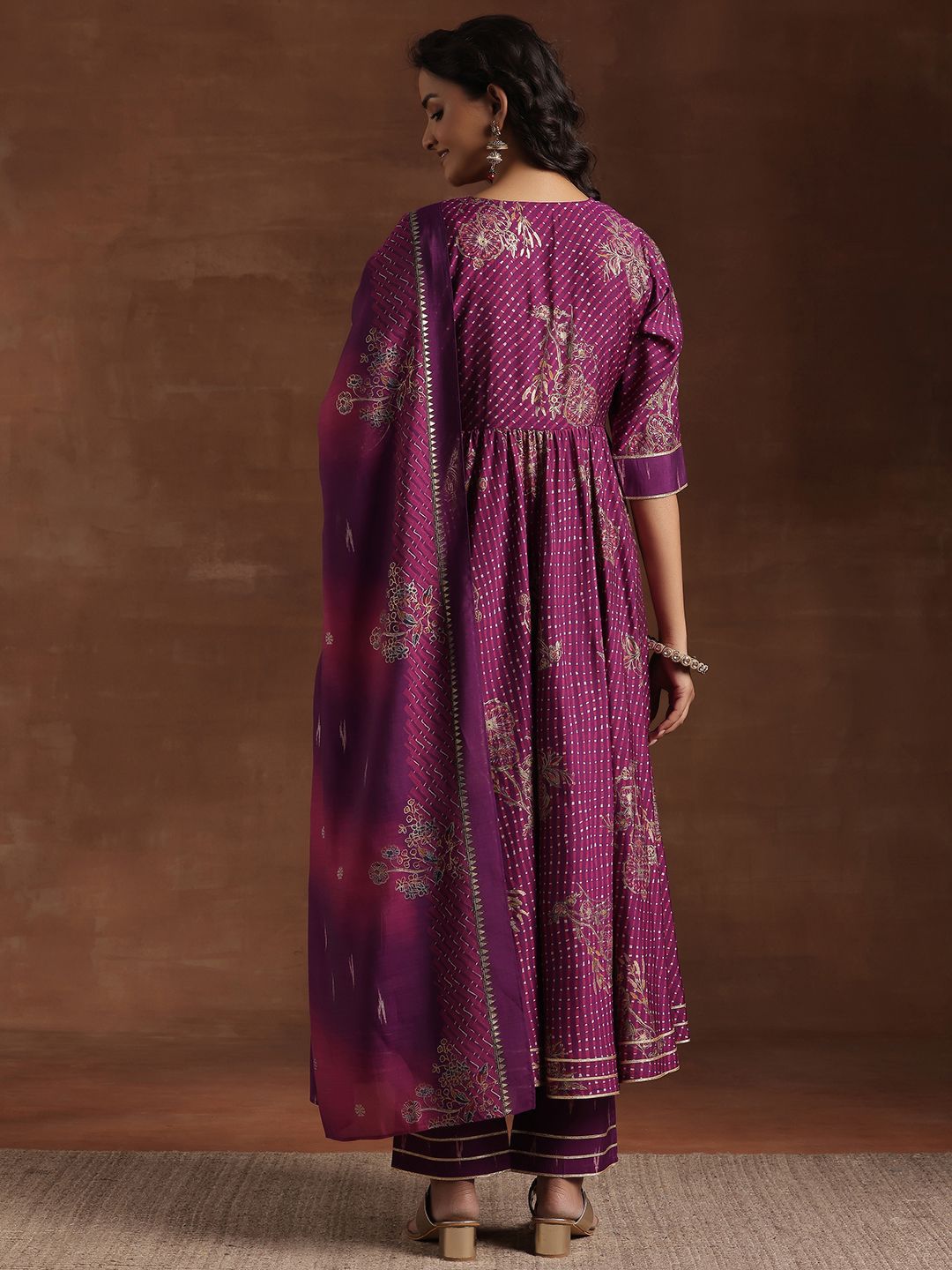 Libas Floral Printed Pleated Gotta Patti Kurta with Trousers & Dupatta