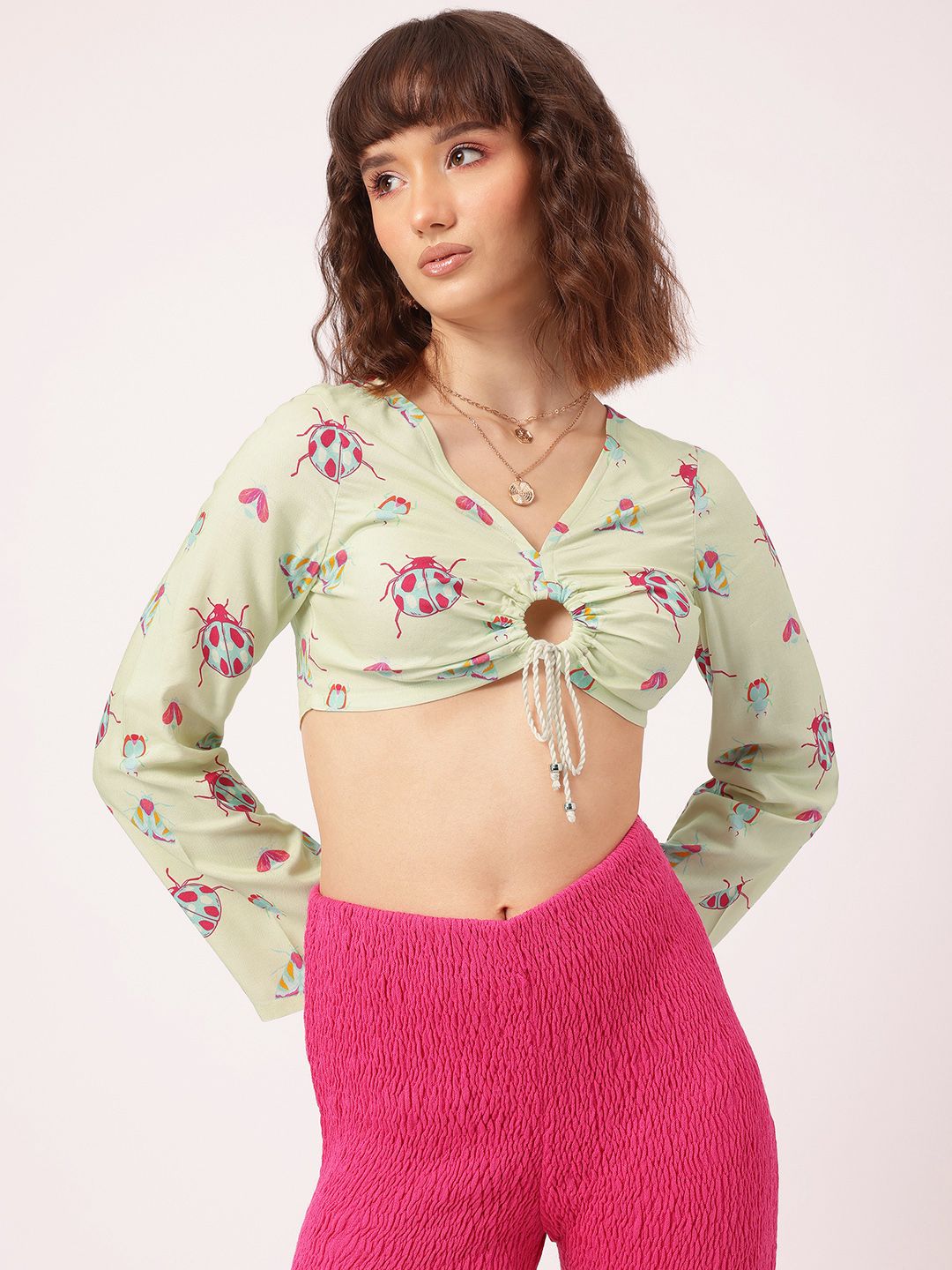 DressBerry Sunlit Florals Rivets Ruched Crop Top