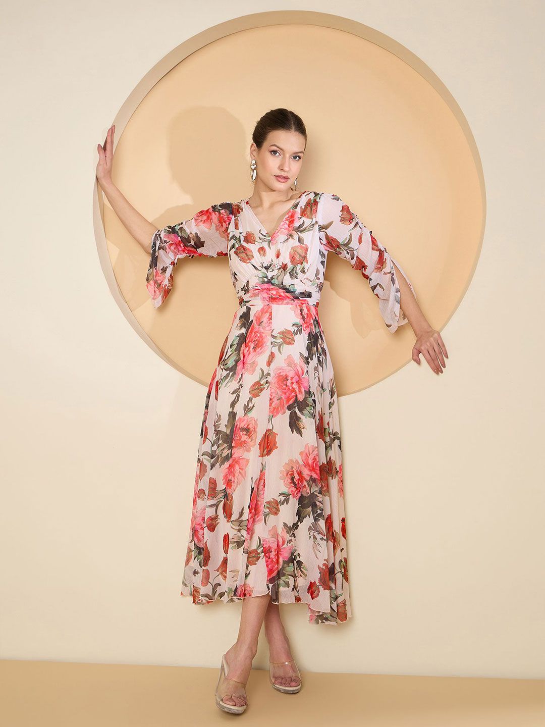 Antheaa Floral Print Chiffon Fit & Flare Midi Dress