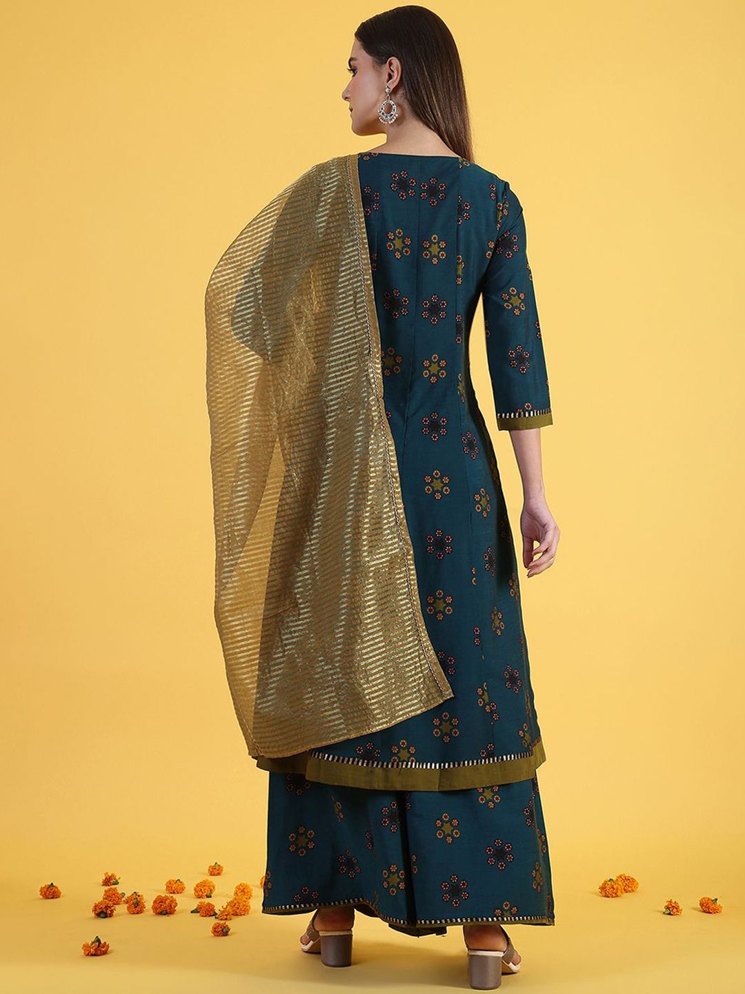 W Blue Ethnic Motifs Printed Notch Neck A-Line Kurta With Palazzos And Dupatta