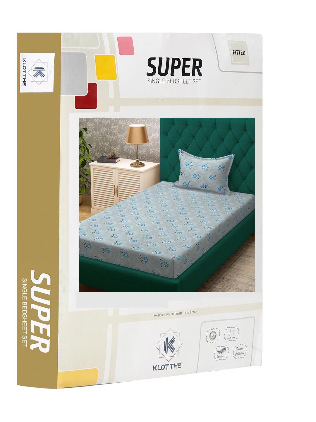 KLOTTHE Blue Floral Cotton Single Bedsheets