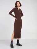 SASSAFRAS Women High Neck Front Zipper Bodycon Midi Dress
