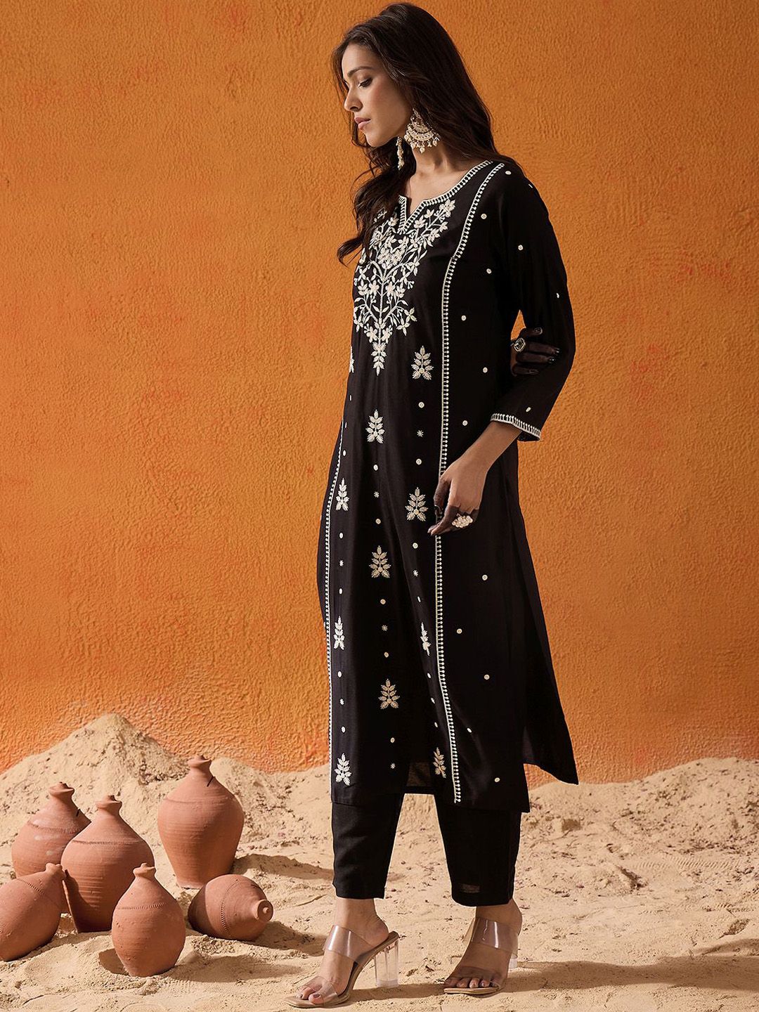Indo Era Black Floral Embroidered Notch Neck Straight Kurta