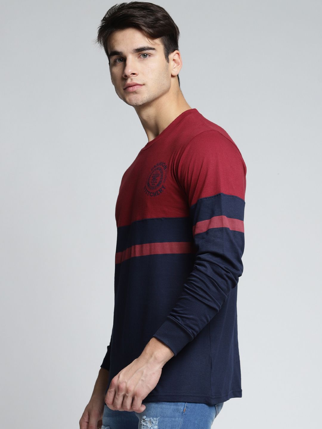 Perbezaan Lelaki Pendapat Maroon Navy Blue Colourblocked Leher T-shirt Kapas Tulen Tulen