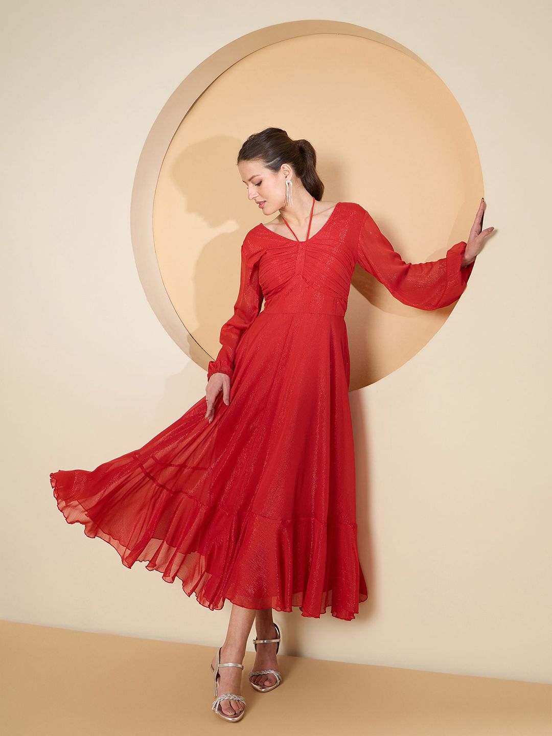 Antheaa Flared Sleeve Chiffon Maxi Dress