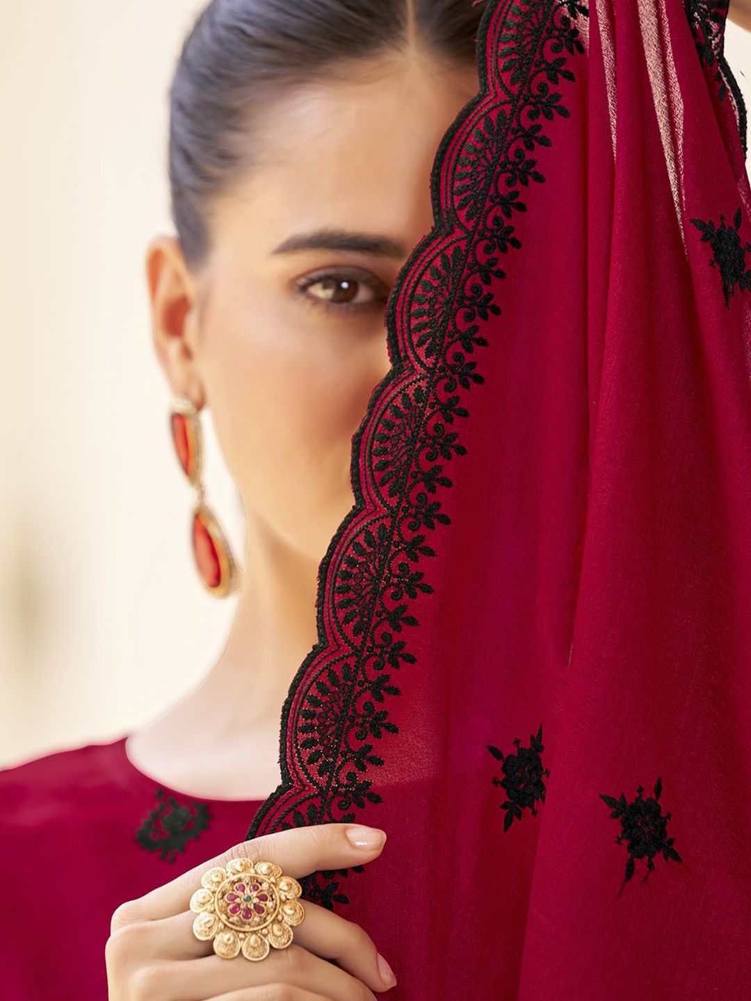 KALINI Floral Embroidered Straight Kurta with Trousers & Dupatta