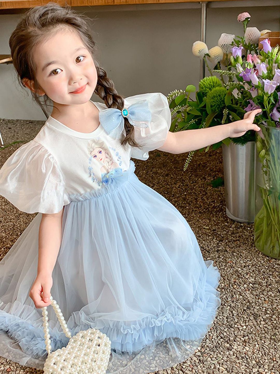 YK Girls Graphic Printed Pleated Round Neck Fit and Flare Dress