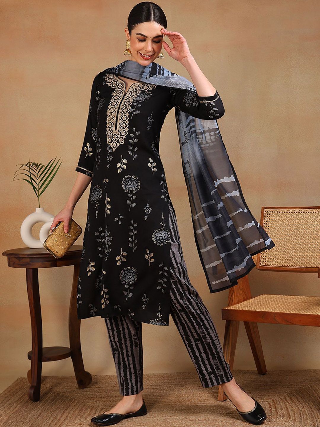 KALINI Floral Printed Regular Zari Straight Kurta with Trousers & Dupatta
